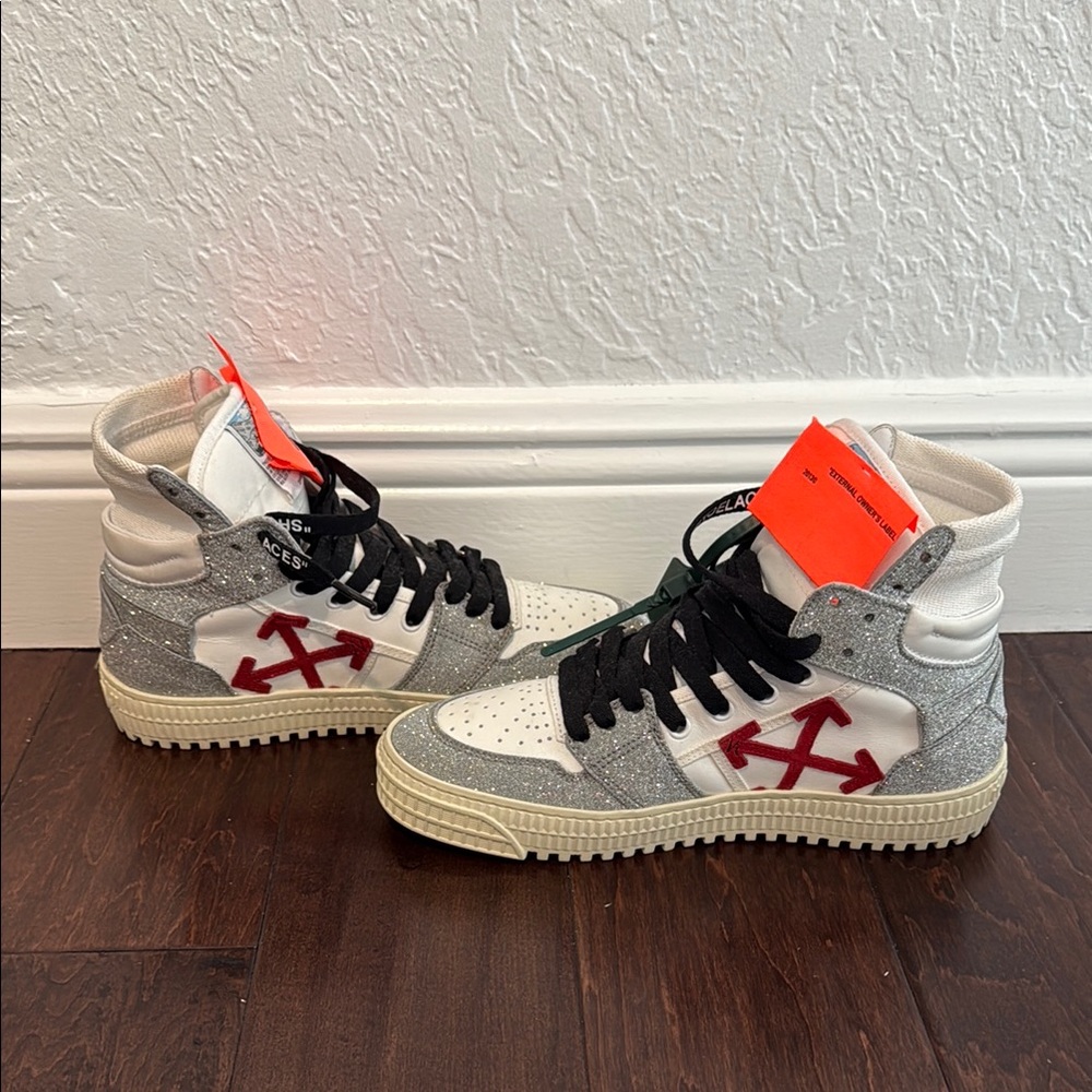 Off White High-Top Sneakers with Red and Gray Accents